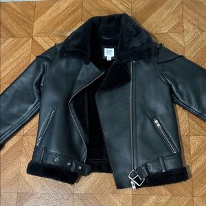 GAP Black Leather Jacket with Fur Accents
